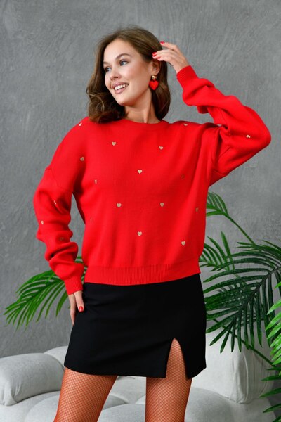 Noi Belis Soft Textured Oversized Heart Detailed Knitwear Sweater Aw25Kz0067