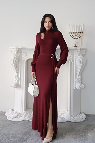 Serica Moda Long Knit Dress with Burgundy Belt Detail