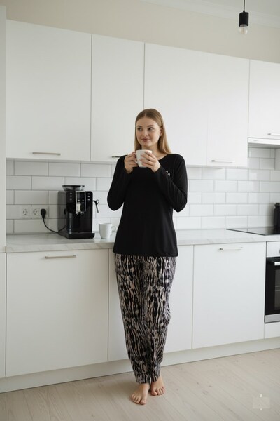 seamlife Women's Black Plus Size Patterned Crew Neck Transitional Lycra Viscose Long Sleeve Pajama Set