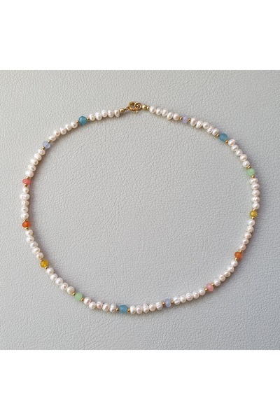 Abundo Cultured pearl and rainbow jade necklace with 925 silver plated with 14k gold