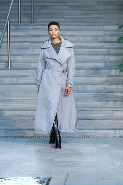 MissWhence معطف علوي نسائي رمادي بياقة مزدوجة الصدر مع تفاصيل ربطة عنق23234515