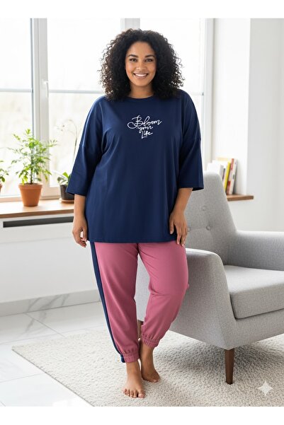 FAMESTEKSTİL Women's Plus Size Navy Blue Tracksuit Set