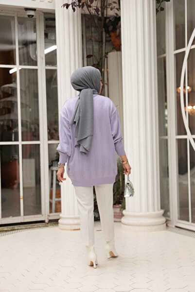N.S NEVA STYLE Stripe Detailed Lilac Hijab Knitwear Sweater Tunic 30661Lila