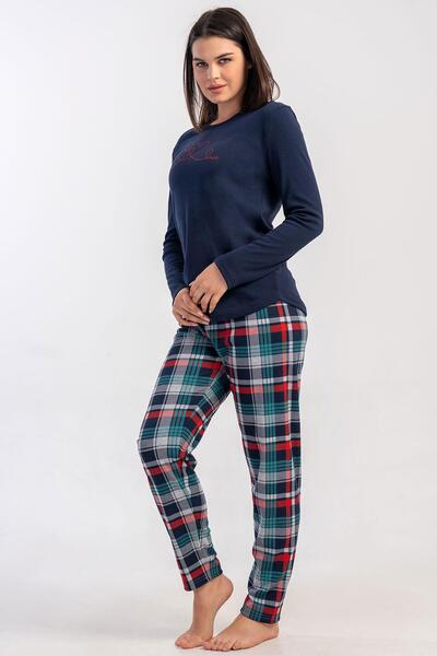VİENETTA Kadın Lacivert Renk Uzun Kollu Bisiklet Yaka Ekose Alt İnterlok Pijama Takımı C4T2N2305