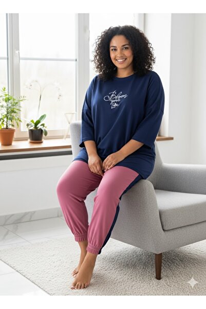 FAMESTEKSTİL Women's Plus Size Navy Blue Tracksuit Set
