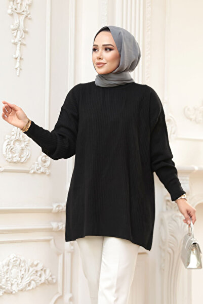 N.S NEVA STYLE Corded Fabric Black Hijab Knitwear Sweater Tunic 29141S