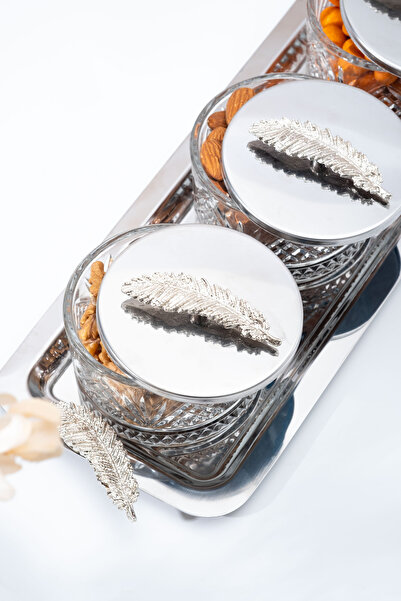Homekolik 3-Piece Glass Presentation Set with Silver Lid – Leaf Metal Tray |   Breakfast, Snack, Jam Serving Dish