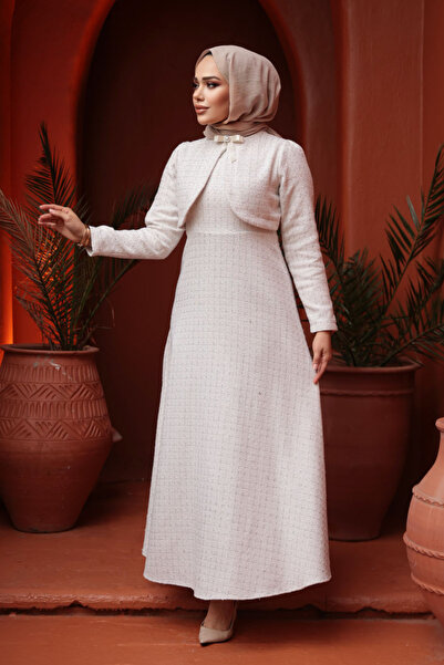 N.S NEVA STYLE Φόρεμα Hijab με καρό κρεμ τουίντ 62512KR