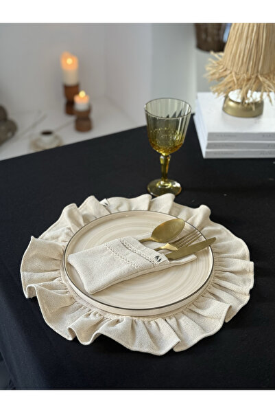 KaiAtelier 2Li Natural Keten Dantel Detaylı 2Bölmeli Kaşıklık / Peçetelik