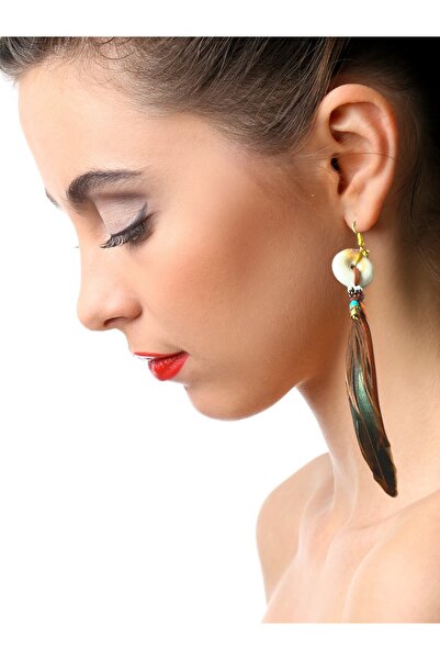 dela otantik Single Feather Bohemian Long Earrings – Handmade Authentic Jewelry with Ceramic Beads and Feather Detail - Feather Earrings