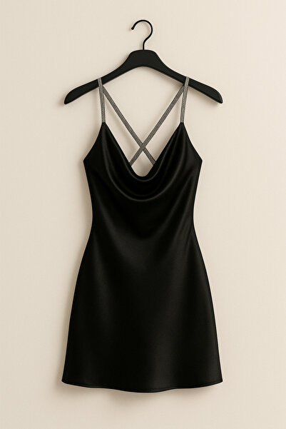 SİTRİNA Black Glittery Degaje Collar Mini Dress