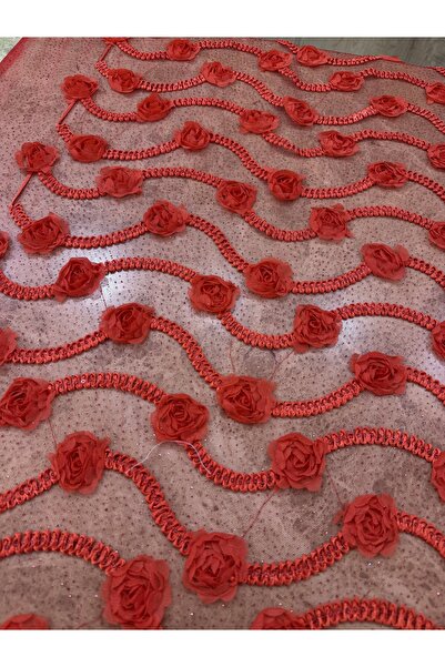 METERİAL Red 3D Rose Patterned Tulle Fabric with Glitter and Floral Accessories 135cm Width a Piped K Fabric for Dressmaking