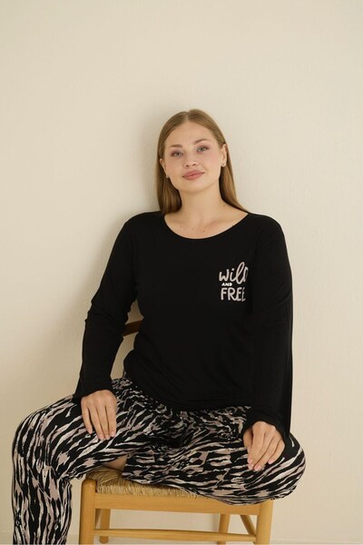 seamlife Women's Black Plus Size Patterned Crew Neck Transitional Lycra Viscose Long Sleeve Pajama Set