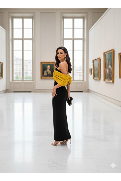 Robes Midi Boy Abiye Elbise / Düşük Omuz Pelerin Yaka Taş İşlemeli / Davet Nikah Kokteyl Elbisesi