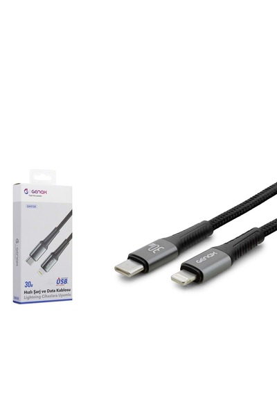 GENAX şarj kablosu Lıghtnıng To Type-c Hasır Kablo 30w Siyah 1mt