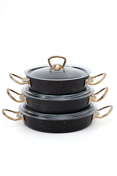 Homekolik 6 Piece Granite Glass Lid Black Metal Handle Saucepan Set 18-20-22 cm – Gold Handle | Durable, Design