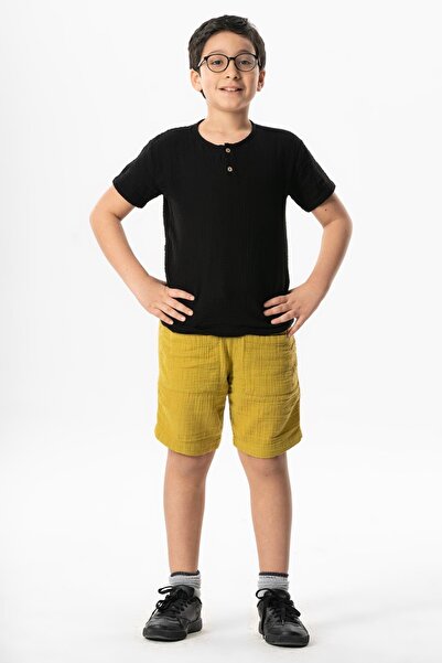 Eliş Şile Bezi Western Pocket Detailed Summer Muslin Boys' Shorts Oil Green Ygysl