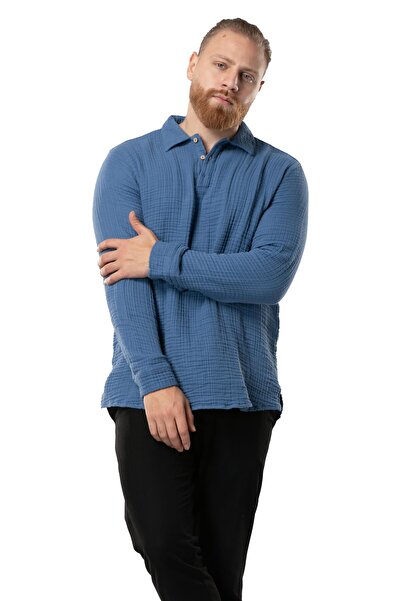 Eliş Şile Bezi Long Sleeve Double Muslin Men's Autumn and Winter Sweatshirt Indigo Indg