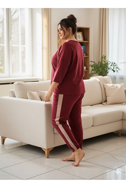 FAMESTEKSTİL Women's Plus Size Burgundy Tracksuit Set