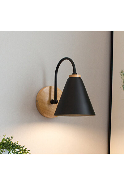 AB Luxury Concept Corp de iluminat de perete, E27, model nordic, negru, abajur din fier și bază din lemn, dimensiuni 15x23 cm