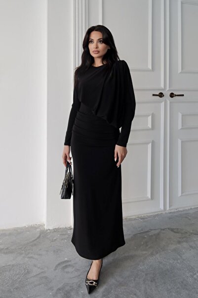 Serica Moda Black Shoulder Gathered Maxi Dress