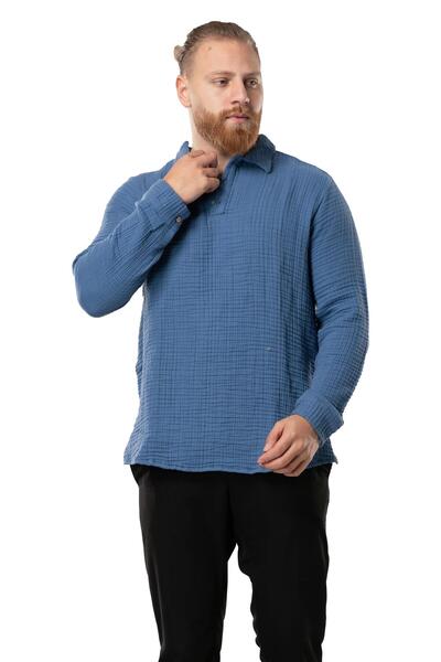 Eliş Şile Bezi Long Sleeve Double Muslin Men's Autumn and Winter Sweatshirt Indigo Indg