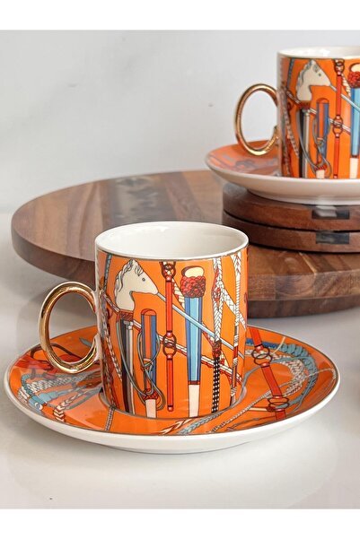 ROSSEV Turkish Coffee Cup Assortment Orange 2 Person Set 4 Pieces
