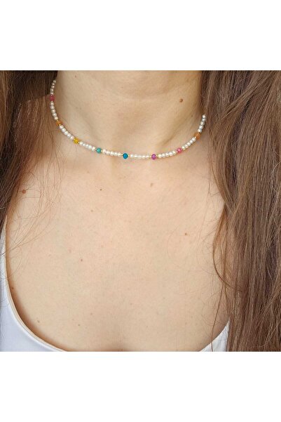 Abundo Cultured pearl and rainbow jade necklace with 925 silver plated with 14k gold
