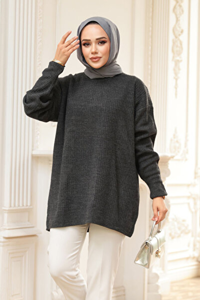 N.S NEVA STYLE Corded Fabric Anthracite Modest Knitwear Sweater Tunic 29141Ant