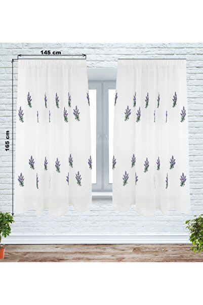 OEM Set of 2 kitchen curtains, 2x145x165 cm, with pleats, lavender, white/purple