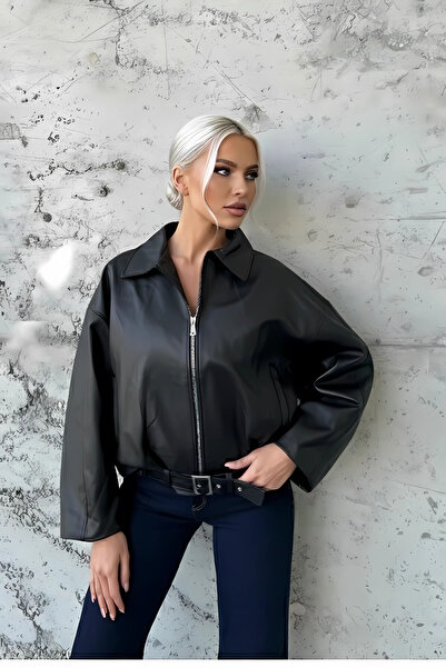 hazelin Γυναικείο μπουφάν με μαύρο φερμουάρ oversized από συνθετικό δέρμα HZL25W-BD110561