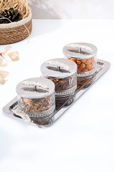 Homekolik 3-Piece Glass Presentation Set with Silver Lid – Leaf Metal Tray |   Breakfast, Snack, Jam Serving Dish
