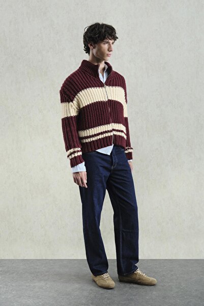 GIESTO Zipped Knitwear Burgundy Cardigan