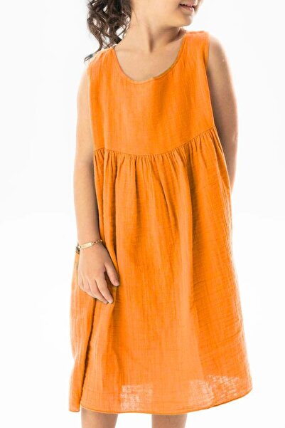 Eliş Şile Bezi Sleeveless Wise Summer Muslin Children's Dress Orange Trnc