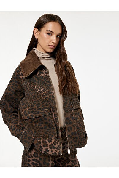 Koton Comfortable Fit Zippered Pocket Classic Collar Leopard Print Jacket