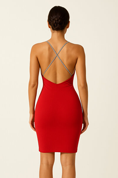 SİTRİNA Red Glittery Degaje Collar Mini Dress