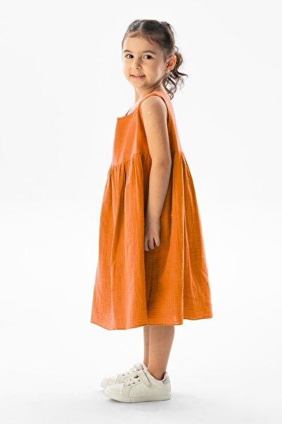 Eliş Şile Bezi Sleeveless Wise Summer Muslin Children's Dress Orange Trnc