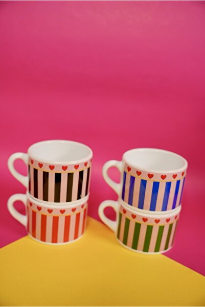 Vivas Set of 4 Striped Heart Model 4 Color Double Turkish Coffee Cups, Small Mug