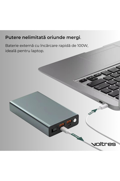 Voltres Baterie Externa 20000mAh, 100W Putere Incarcare, 2x USB-C & 2x USB-A, Mod Trickle, Compacta