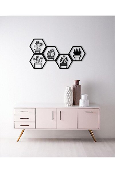 LAZORİAE Pictură murală din lemn cu piese hexagonale — Tematică cu plante cactus