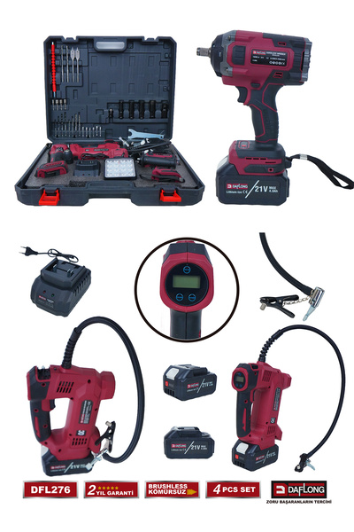 DAFLONG PRO 4'LÜ 1600NM TORKLU+ MATKAP+6 KADEME DEVİR AYARLI TAŞLAMA+LASTIK ŞİŞİRME POMPASI DFL-276