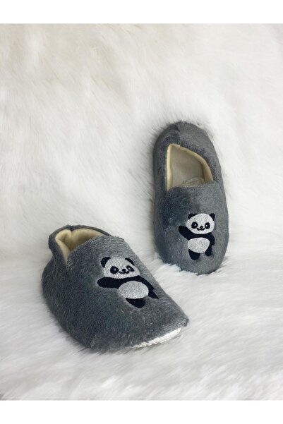 Büşra Sultan Ayakkabı & Çanta Çocuk Gri Panda Hayvan Figürlü Çocuk Panduf Kaydırmaz Taban Anaokulu Kreş Ev Ayakkabısı