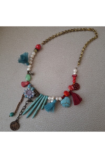 azra takı tasarım Handmade Natural Pearl,Natural Stone,Coral,Needlework Design Short Women's Necklace