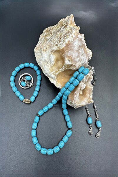 İbrahim Altıntaş Mavi Ceyt Taşı Alpaka Püskül Tespih Anahtarlık Ve Bileklik