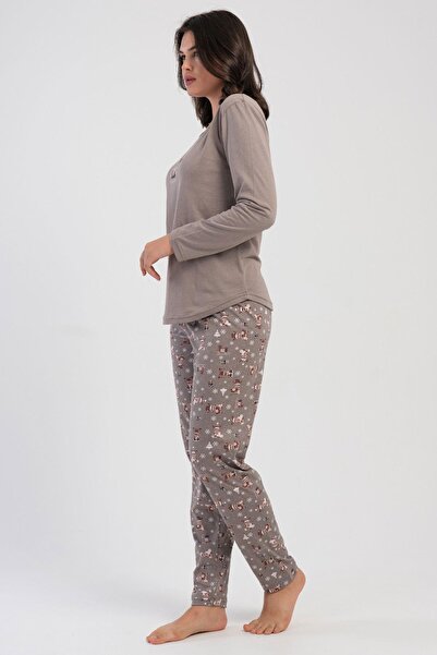VİENETTA Kadın Büyük Beden Espresso Uzun Kollu Bisiklet Yaka Desenli Pijama Takımı C0T7N2305
