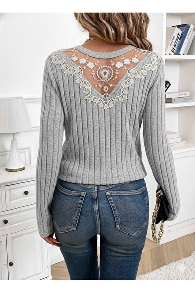 TUA MODA Tua Moda Women's Long Sleeve V Neck Lace Detail on the Back Fleece-Lined Ribbed Knit Blouse