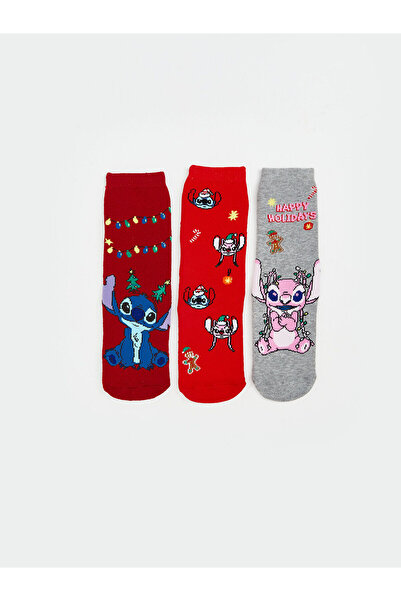 LC Waikiki Vizyon Yeni Sezon Kaydırmaz Tabanlı Stitch Desenli Kız Çocuk Havlu Soket Çorap 3'lü