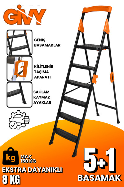 GİVY Primo 5+1 Basamaklı Katlanır Merdiven | Ev Tipi Kaymaz Plastik Geniş Bas...