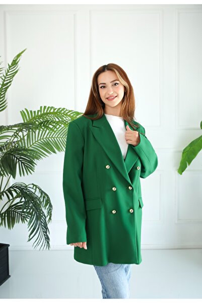 PARKDERİN Plus Size Long, Gold Buttons, Emerald Green Color, Blazer Jacket