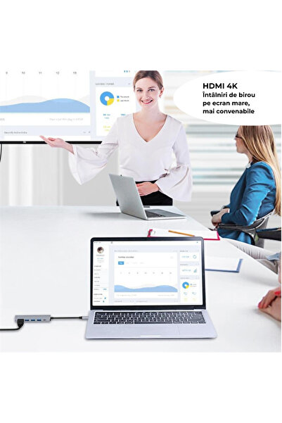 Voltres Adaptor Hub USB-C Multiport 5-în-1, HDMI 4K, 3x USB-A, 1x USB-C, Stație de andocare pentru laptop, Gri